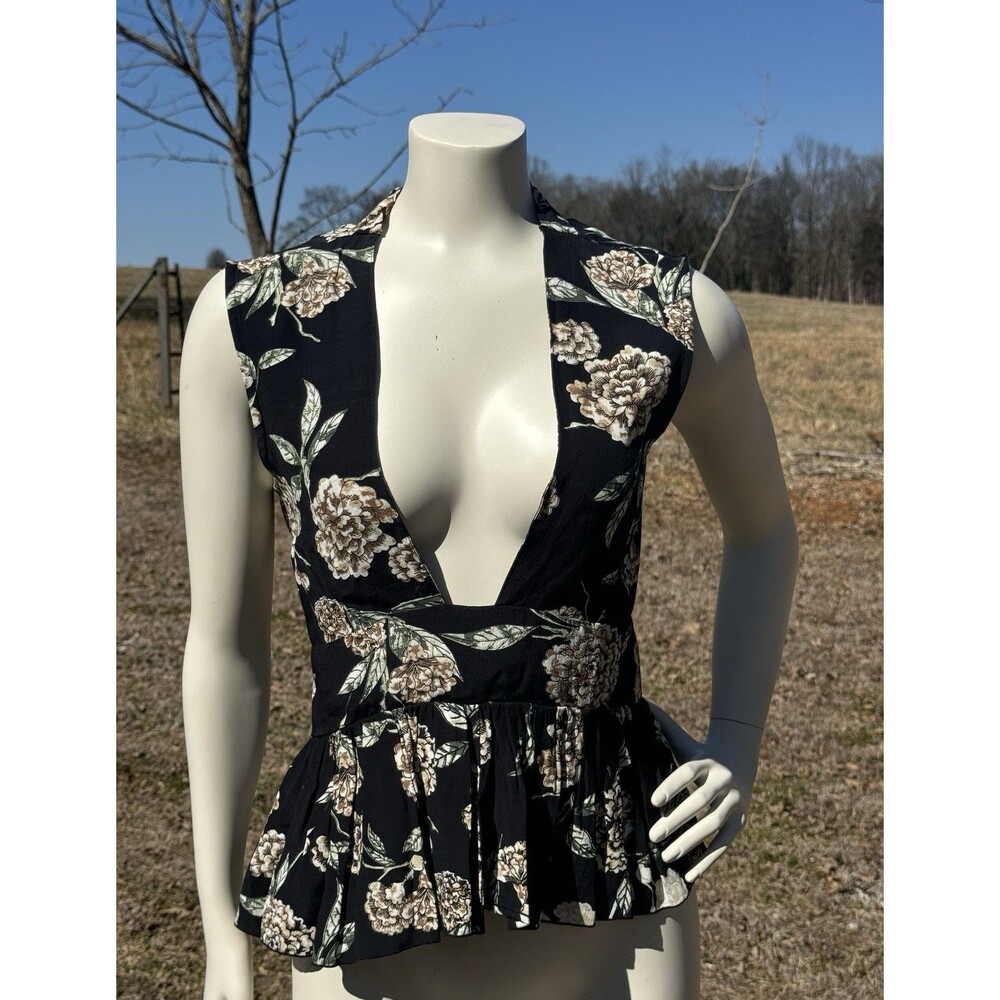 Faithful The Brand Plunging Neckline Open Back Black w Floral Top Women’s Size S